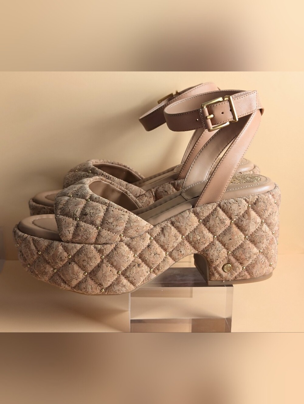 NWT Vince Camuto Ellah Cork Platform Sandals Size 8 Nude Tan Studded Ankle Strap